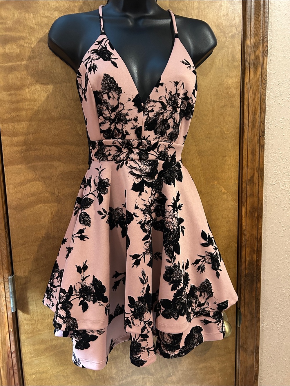 Pink Floral Fit-and-Flare Dress with Black Print - Homecoming